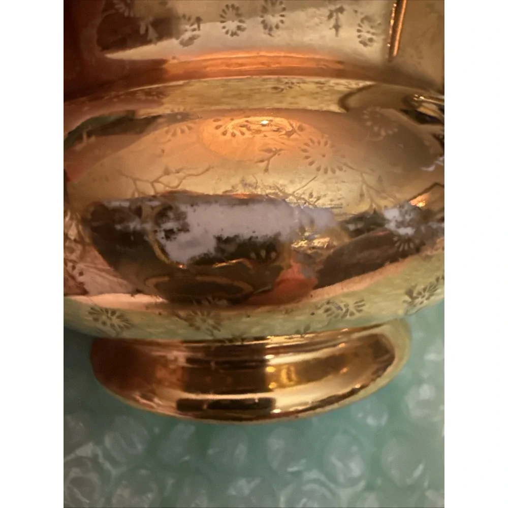 Vintage Gold Floral Cream Lusterware Vase Urn Handled  Collectible 22K Gold Flaw